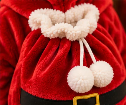Close-up of the drawstring Santa sack with white pom-poms